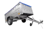 Anhänger mit faltbarer Deichsel GARDEN TRAILER 230 KIPP mit zusätzlichen Bordwänden, Stützrad und blauer Flachplane