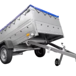 Anhänger mit faltbarer Deichsel GARDEN TRAILER 230 KIPP mit zusätzlichen Bordwänden, Stützrad und blauer Flachplane