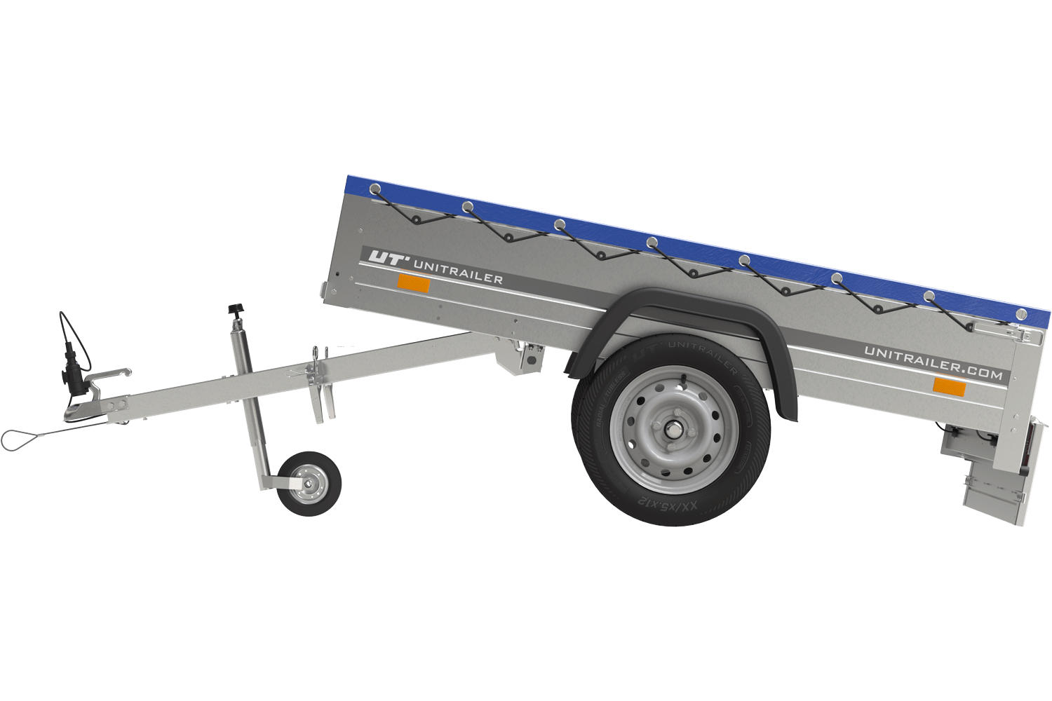 86.png Garden Trailer 200 Kipp Einachsanhänger mit Stützrad und blauer Flachplane – Bild 1