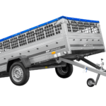 Anhänger 264×150 UNITRAILER GARDEN 265 KIPP mit Gitteraufsatz, Flachplanenträgern und blauer Plane