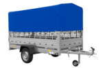 Autotransportanhänger auf Federn 264×125 UNITRAILER GARDEN 264/R KIPP mit Gitterwänden, H-800 Rahmen und blauer Plane