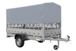 Autotransportanhänger auf Federn 264×125 UNITRAILER GARDEN 264/R KIPP mit Gitterwänden, H-800 Rahmen und grauer Plane