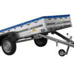 EINACHS-TIEFLADER GARDEN TRAILER 264 KIPP MIT STÜTZRAD, QUERSTREBEN UND BLAUER FLACHPLANE