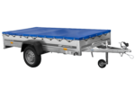 EINACHS-TIEFLADER GARDEN TRAILER 264 KIPP MIT STÜTZRAD, QUERSTREBEN UND BLAUER FLACHPLANE – Bild 3