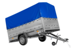 Einachsanhänger 264×150 UNITRAILER GARDEN 265 KIPP mit zusätzlichen Bordwänden, H-800-Hochspriegel und blauer Plane