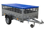 Einachsiger Anhänger auf Blattfedern 264×125 UNITRAILER GARDEN 264/R KIPP mit Gitterseitenwänden, H-0-Rahmen und blauer Plane