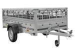 Einachsiger Anhänger auf Blattfedern 264×125 UNITRAILER GARDEN 264/R KIPP mit Gitterseitenwänden, H-0-Rahmen und grauer Plane