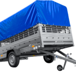 PKW-Anhänger 264×150 UNITRAILER GARDEN 265 KIPP mit Gitteraufsatz, Hochspriegel H-800 und blauer Plane