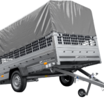 PKW-Anhänger 264×150 UNITRAILER GARDEN 265 KIPP mit Gitteraufsatz, Hochspriegel H-800 und grauer Plane