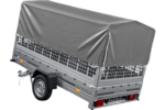 PKW-Anhänger 264×150 UNITRAILER GARDEN 265 KIPP mit Gitteraufsatz, Hochspriegel H-800 und grauer Plane – Bild 3
