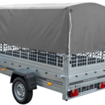 PKW-Anhänger auf Federn 230×125 UNITRAILER GARDEN 230/R KIPP mit Netzwänden, H-800-Rahmen und grauer Plane