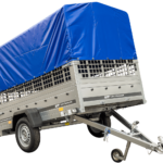 Planenanhänger 230×125 Garden Trailer 230 KIPP mit Laubgitteraufsatz, blauer Hochplane, Hochspriegel und Stützrad