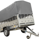 Planenanhänger 230×125 Garden Trailer 230 KIPP mit Laubgitteraufsatz, grauer Hochplane, Hochspriegel und Stützrad